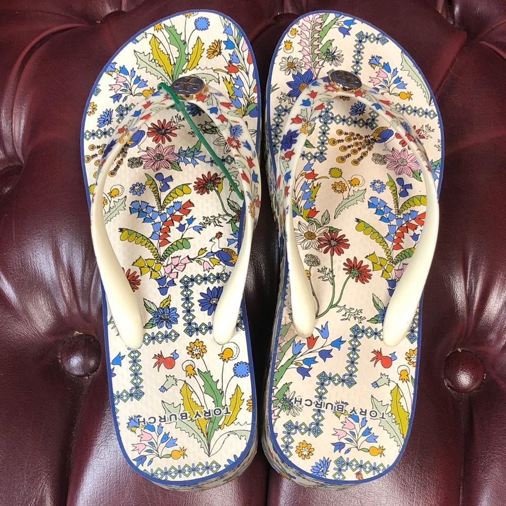 Tory Burch Cream Floral Print Flip Flops with Blue Accents